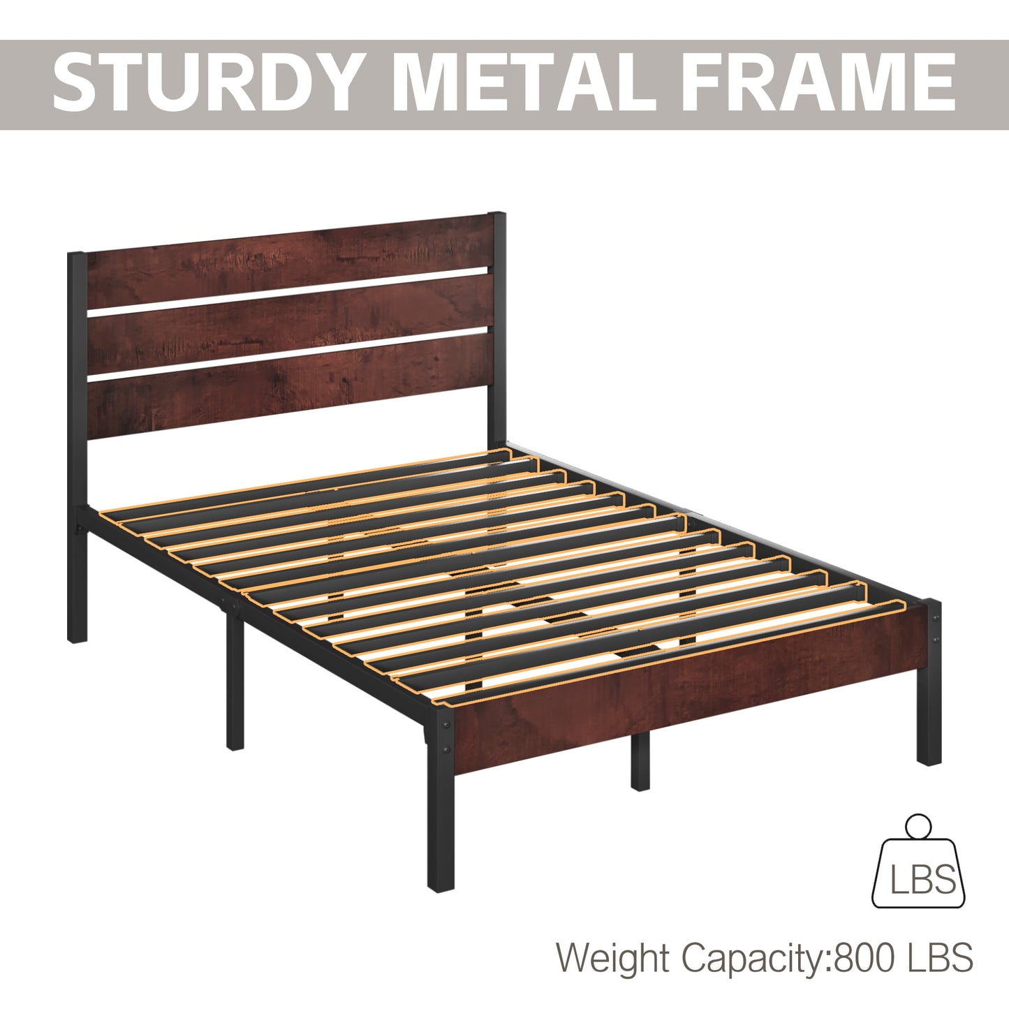 Fluest Full Bed Frame with Rustic Vintage Wood Headboard and Footboard, Metal Support, Vintage Brown