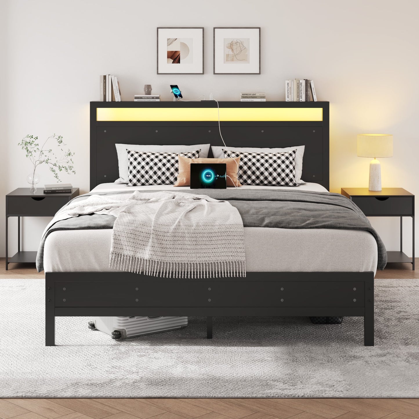 Queen Bed Frame with LED Headboard & Charging Station, Noise-Free, No Box Spring Needed, Classic Black