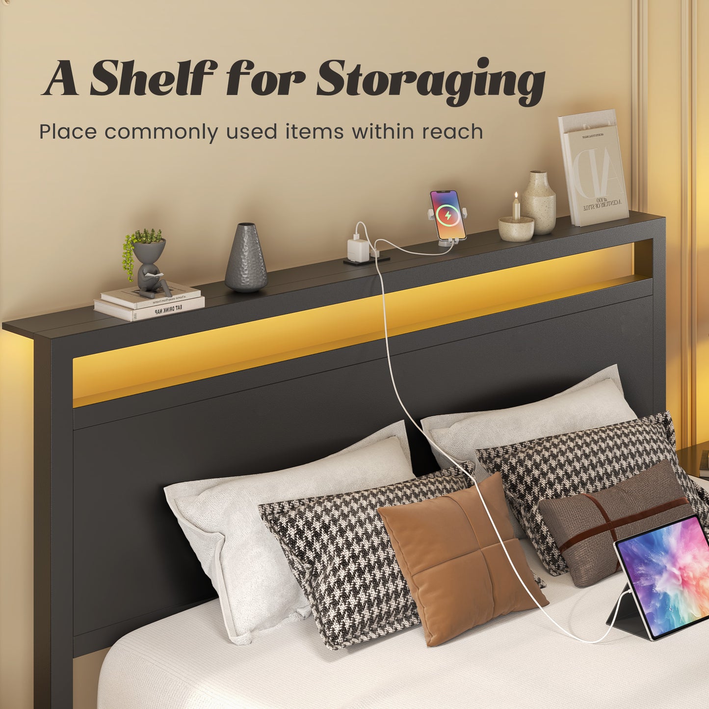 Fluest Queen Bed Frame with Headboard & Footboard, Bed Frame with Built-in Charging Station & LED Light, Storage Shelf, Noise-Free, No Box Spring Needed, Easy Assembly