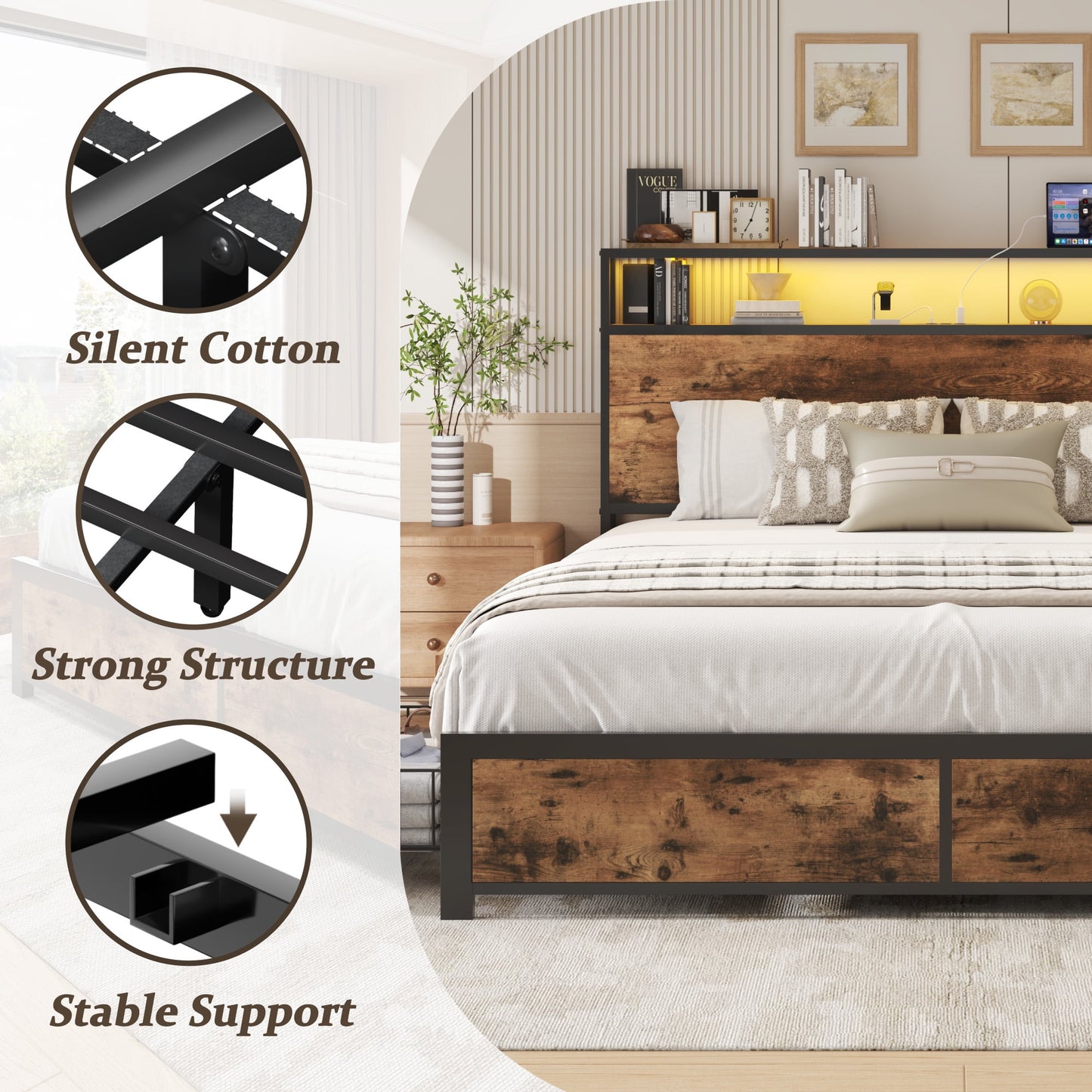 Fluest Queen Bed Frame with 2-Tier Storage Headboard, USB Port and LED Light, 4 Storage Drawers, Brown