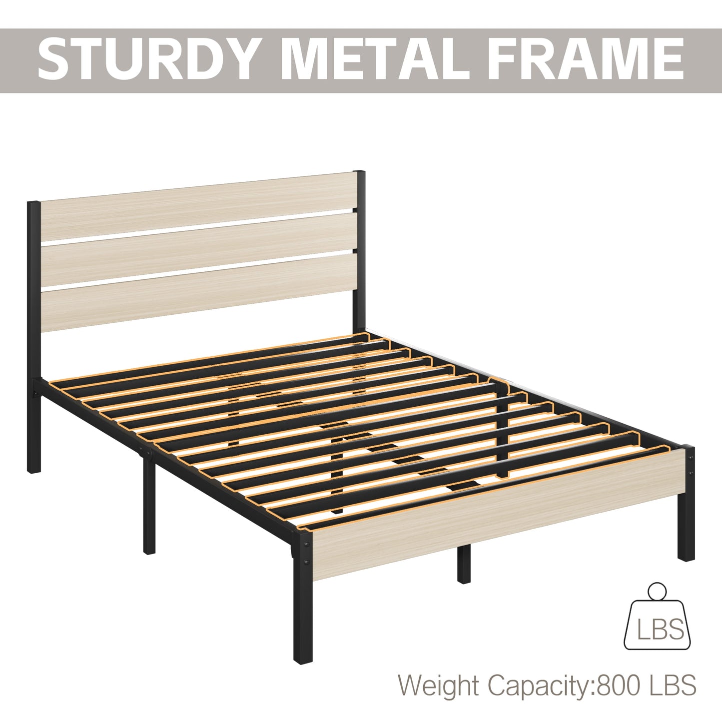 Fluest Queen Size Bed Frame with Headboard and Footboard,Metal Support,No Box Spring Needed, Begie
