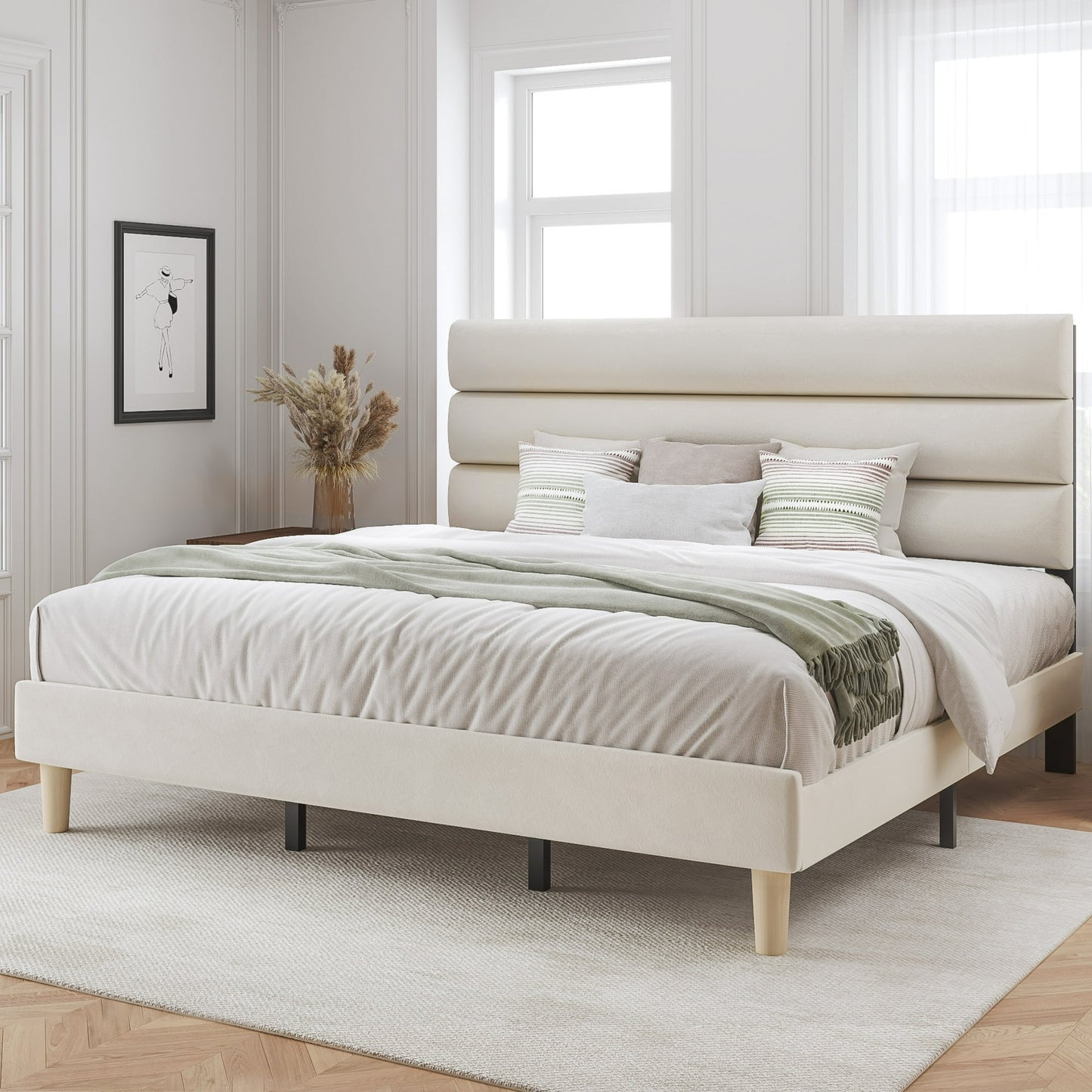 Fluest King Bed Frame with Velvet Upholstered Headboard, Metal Support, No Box Spring Needed, Noise Free, Easy Assembly, Beige