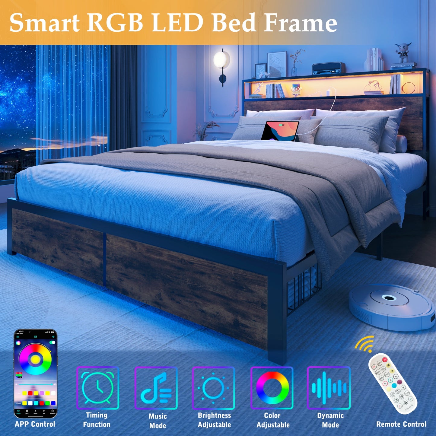 Fluest Queen Bed Frame with 2-Tier Storage Headboard, Metal Bed Frame with Storage Drawers & Built-in Charging Station & LED, Noise-Free, No Box Spring Needed, Easy Assembly, Retro Brown