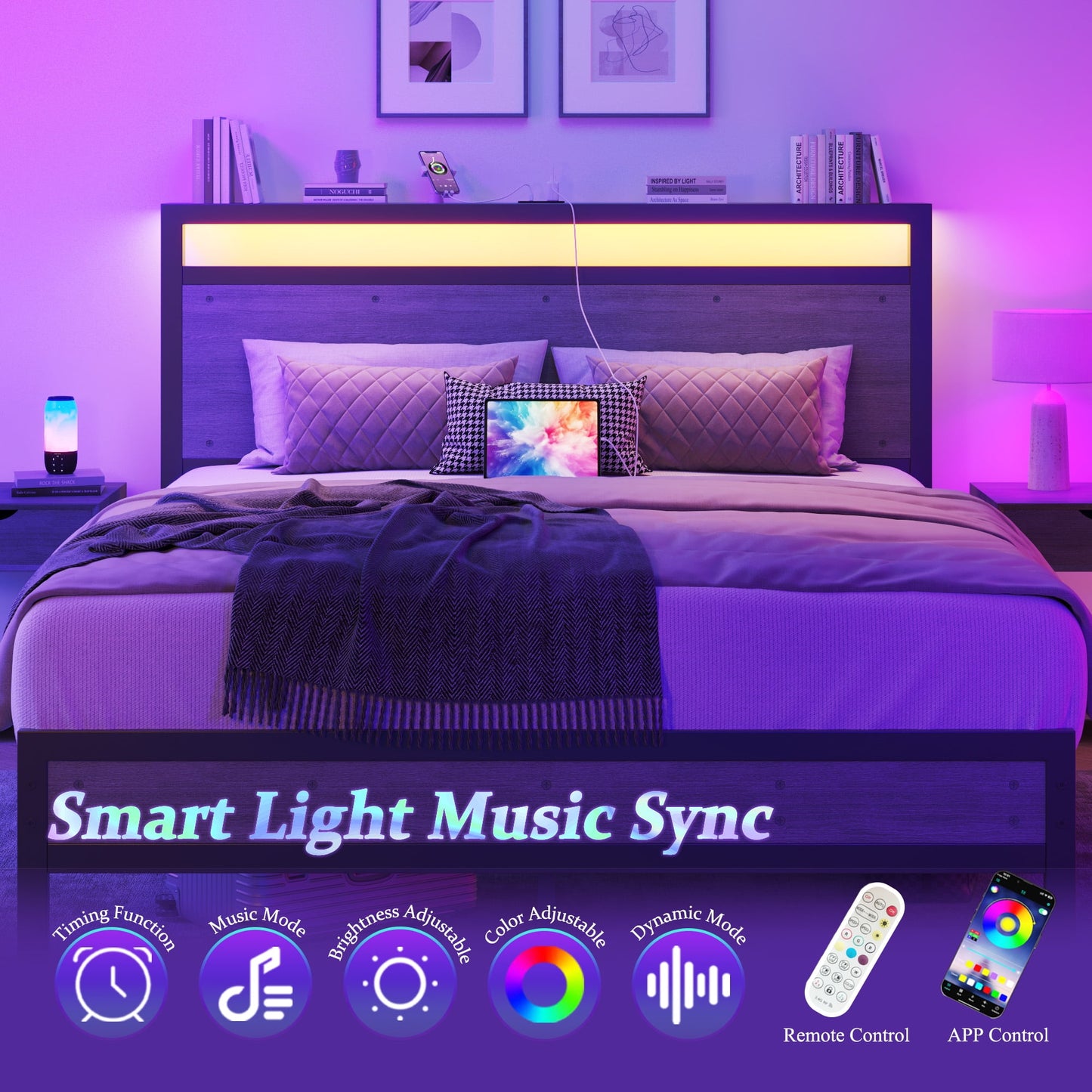 Queen Bed Frame with LED Headboard & Charging Station, Noise-Free, No Box Spring Needed, Rustic Grey