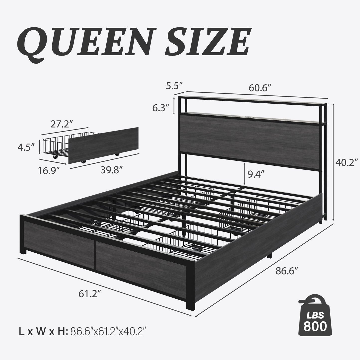 Fluest Queen Bed Frame with 2-Tier Headboard,Metal Support,USB Port & LED Light, 4 Storage Drawers, Grey