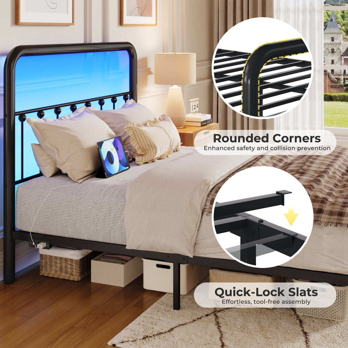 Fluest Full Bed Frame, Classic Metal Platform Bed Frame, with Charging Station and LED, No Need for Springs, Black
