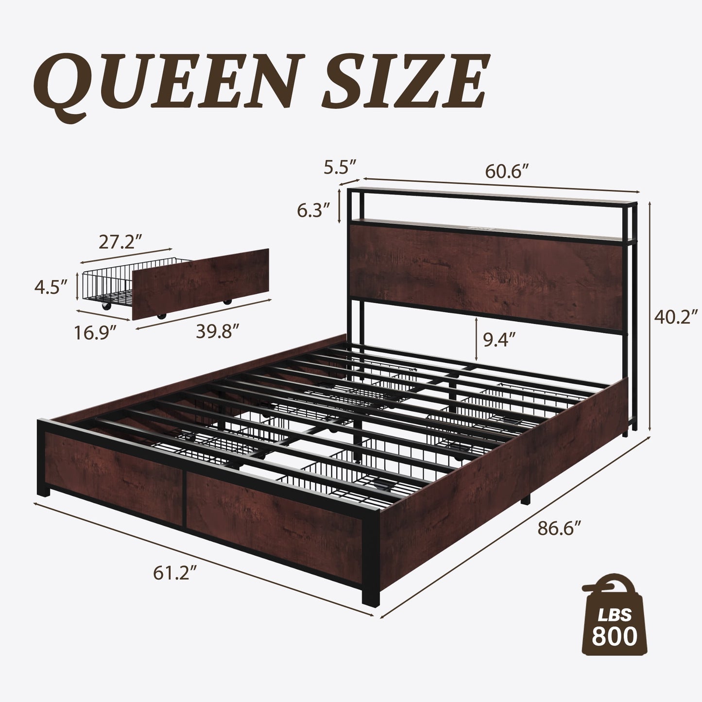 Fluest Queen Bed Frame with USB Port and LED Light, 2-Tier Storage Headboard, 4 Storage Drawers, Rustic Brown