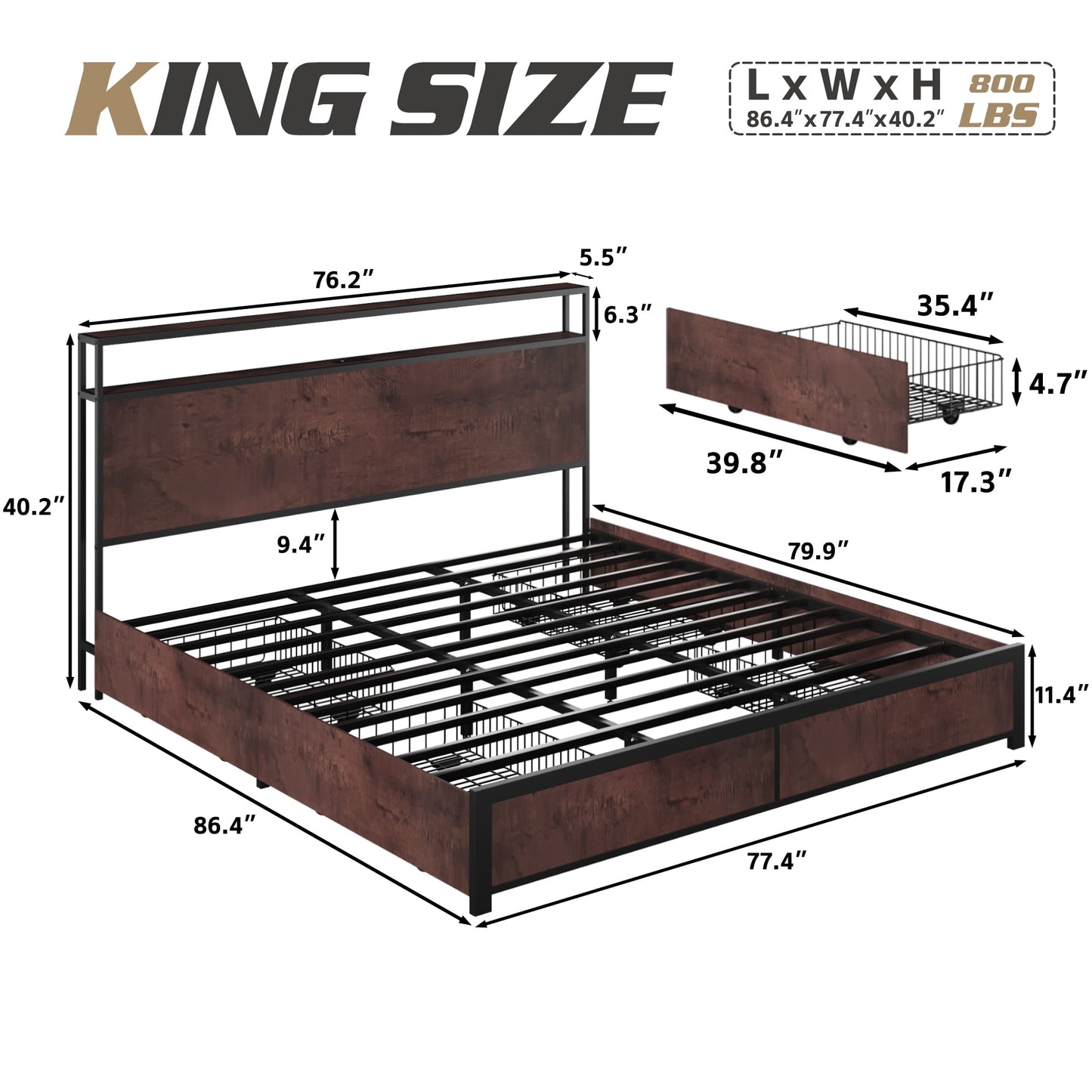Fluest King Bed Frame with 2-Tier Storage Headboard, USB Port and LED Light, 4 Storage Drawers, Rustic Brown