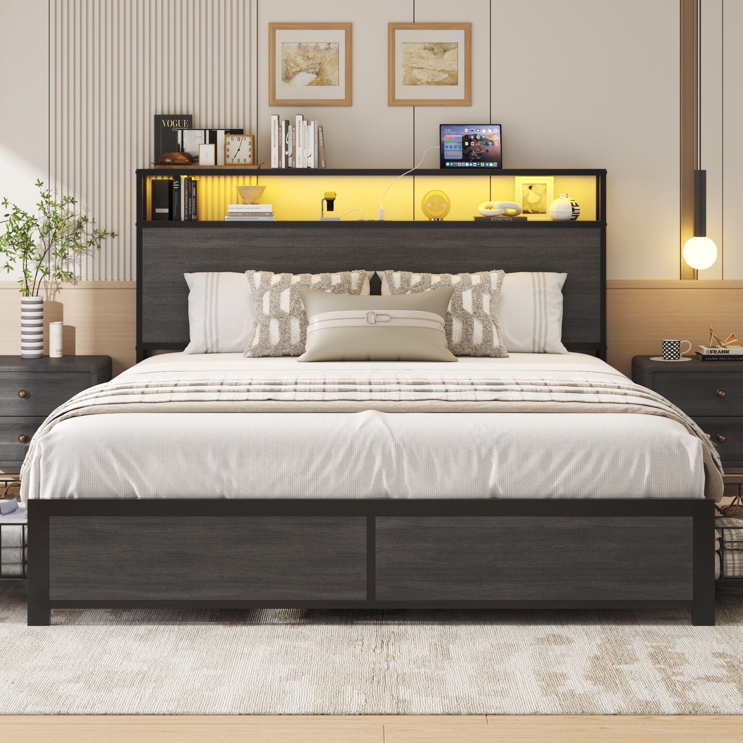 Fluest Queen Bed Frame with 2-Tier Headboard,Metal Support,USB Port & LED Light, 4 Storage Drawers, Grey