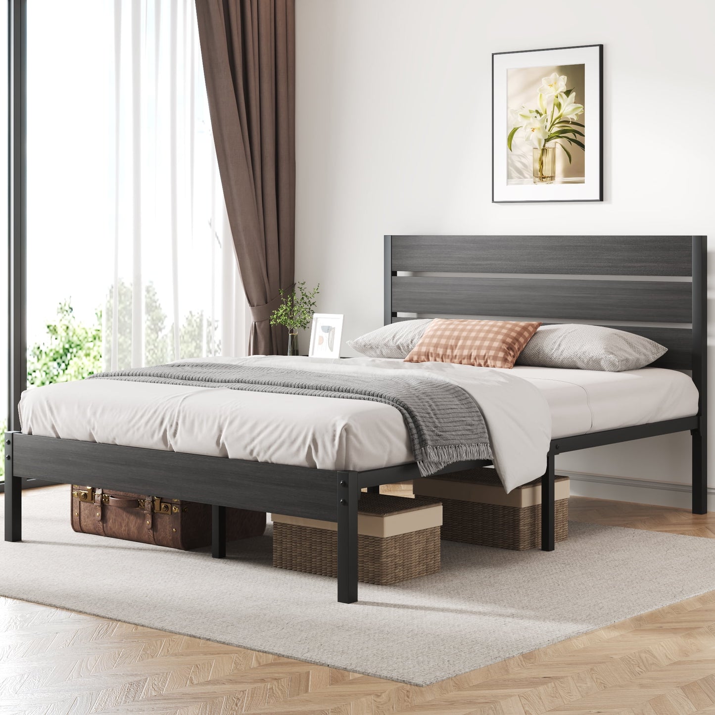 Fluest Full Size Bed Frame with Headboard and Footboard,Metal Support,No Box Spring Needed, Gray