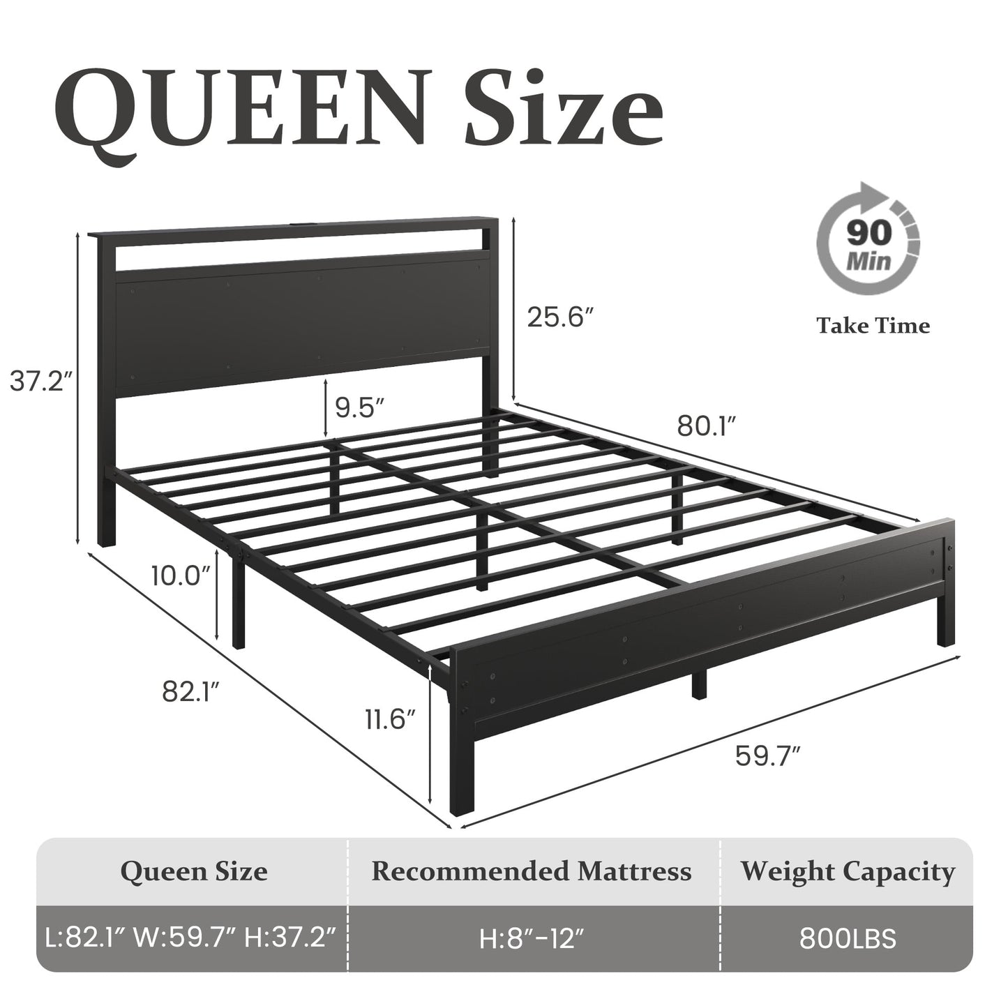 Fluest  Queen Bed Frame with LED Headboard & Charging Station, Noise-Free, No Box Spring Needed, Classic Black