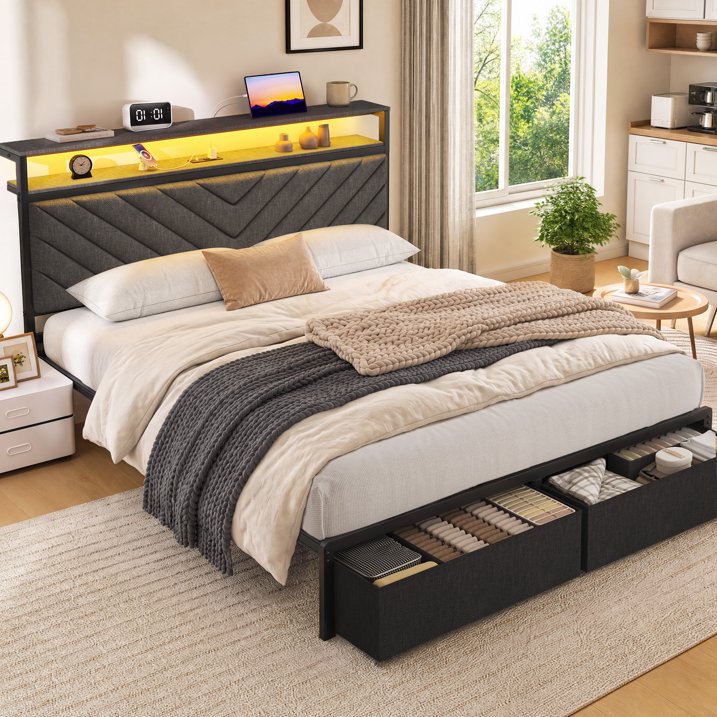 Fluest Queen Bed Frame with Upholstered Headboard, USB Port and LED Light, 2 Storage Drawers, Linen Gray