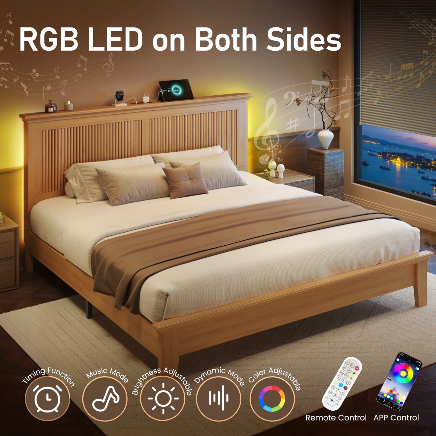 Solid Wood Queen Bed Frame, Platform Bed with High Headboard and Charging Station, Natural
