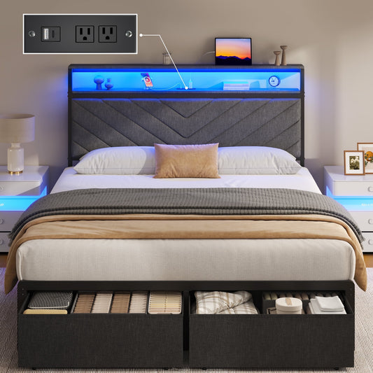 Fluest Twin Bed Frame with 2-Tier Storage Headboard, USB Port and LED Light, 2 Storage Drawers, Gray