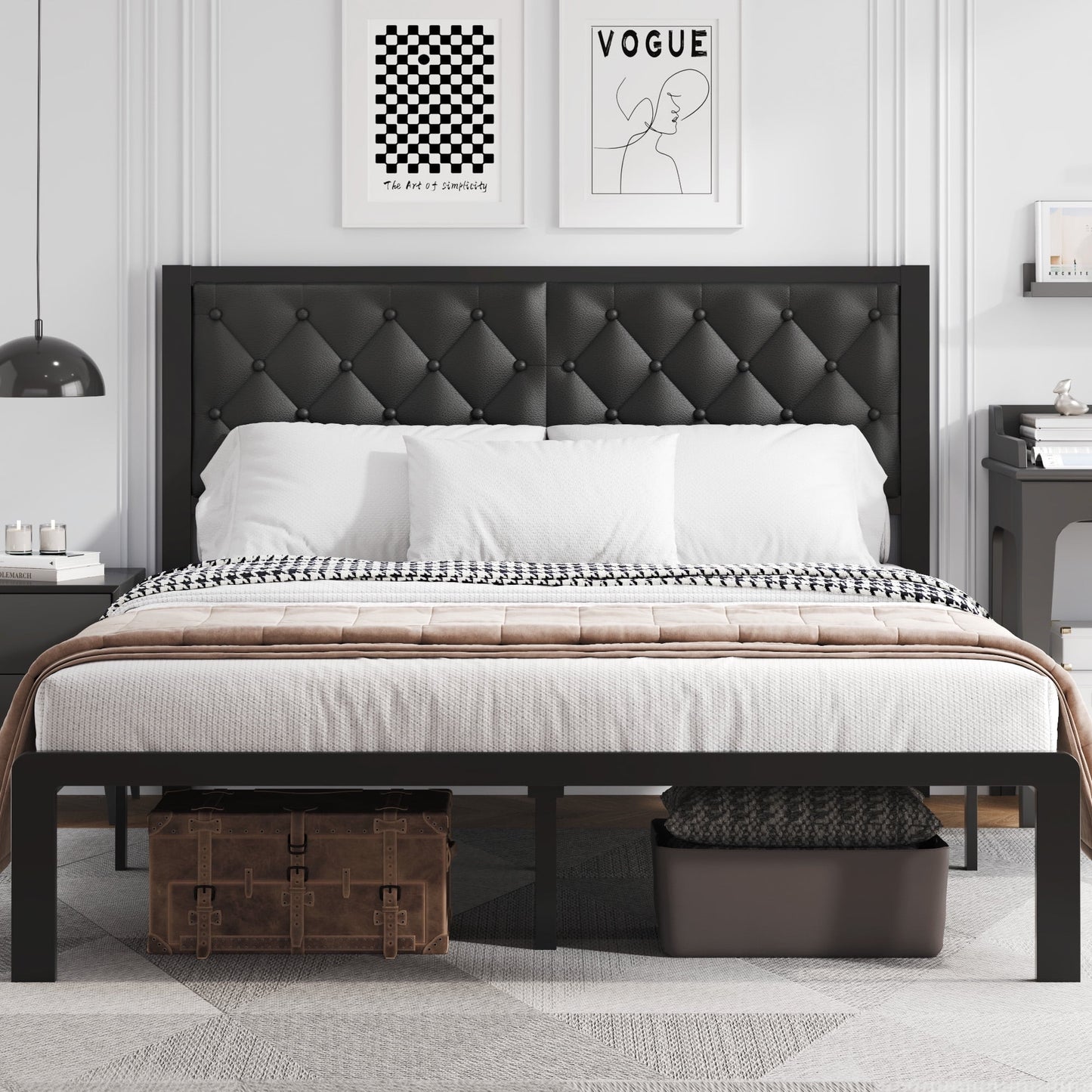 Fluest Bed Frame with Headboard PU Leather Upholstered, All Metal Slats Support Platform, Queen, Black