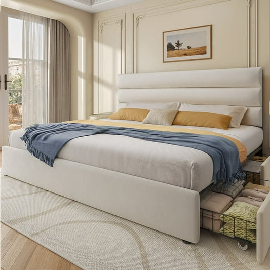 Bed Frame with Storage Drawers, Upholstered Headboard, Metal Support, King, Begie