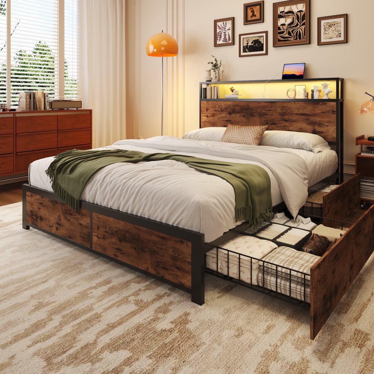 Fluest Full Bed Frame with 2-Tier Storage Headboard, USB Port and LED Light, 4 Storage Drawers,Retro Brown
