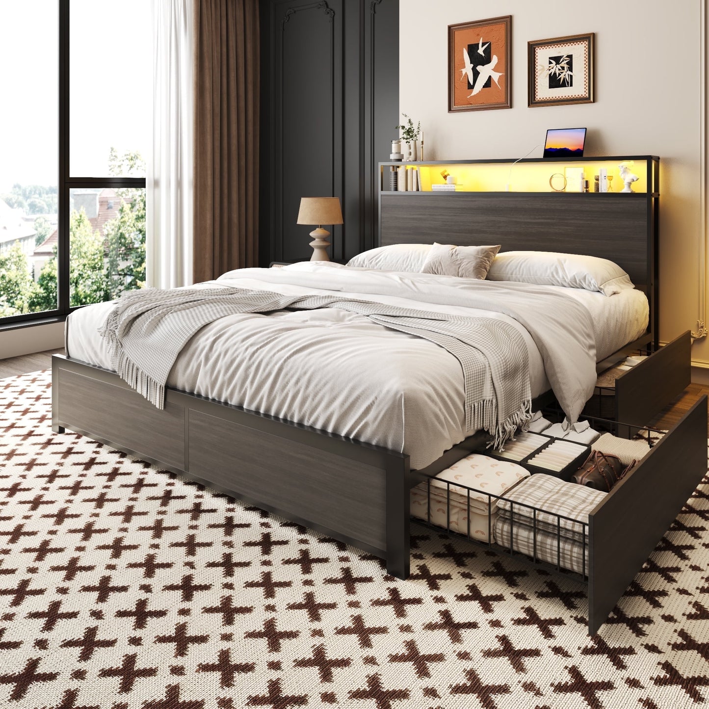 Fluest Full Bed Frame with 2-Tier Storage Headboard, USB Port and LED Light, 4 Storage Drawers, Grey