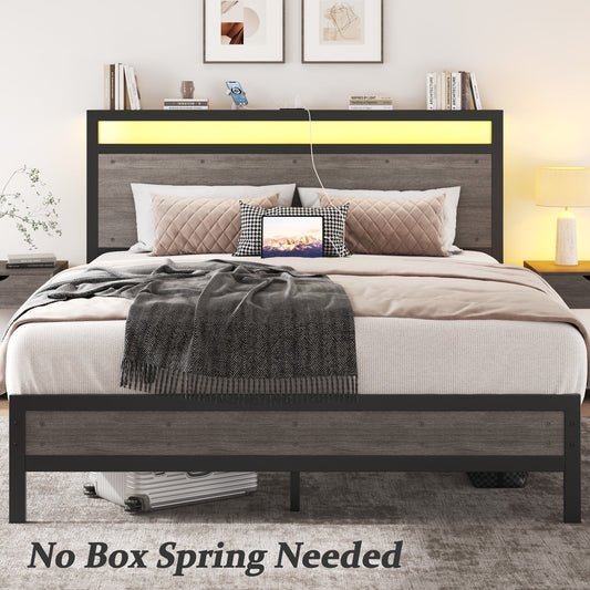 Queen Bed Frame with LED Headboard & Charging Station, Noise-Free, No Box Spring Needed, Rustic Grey