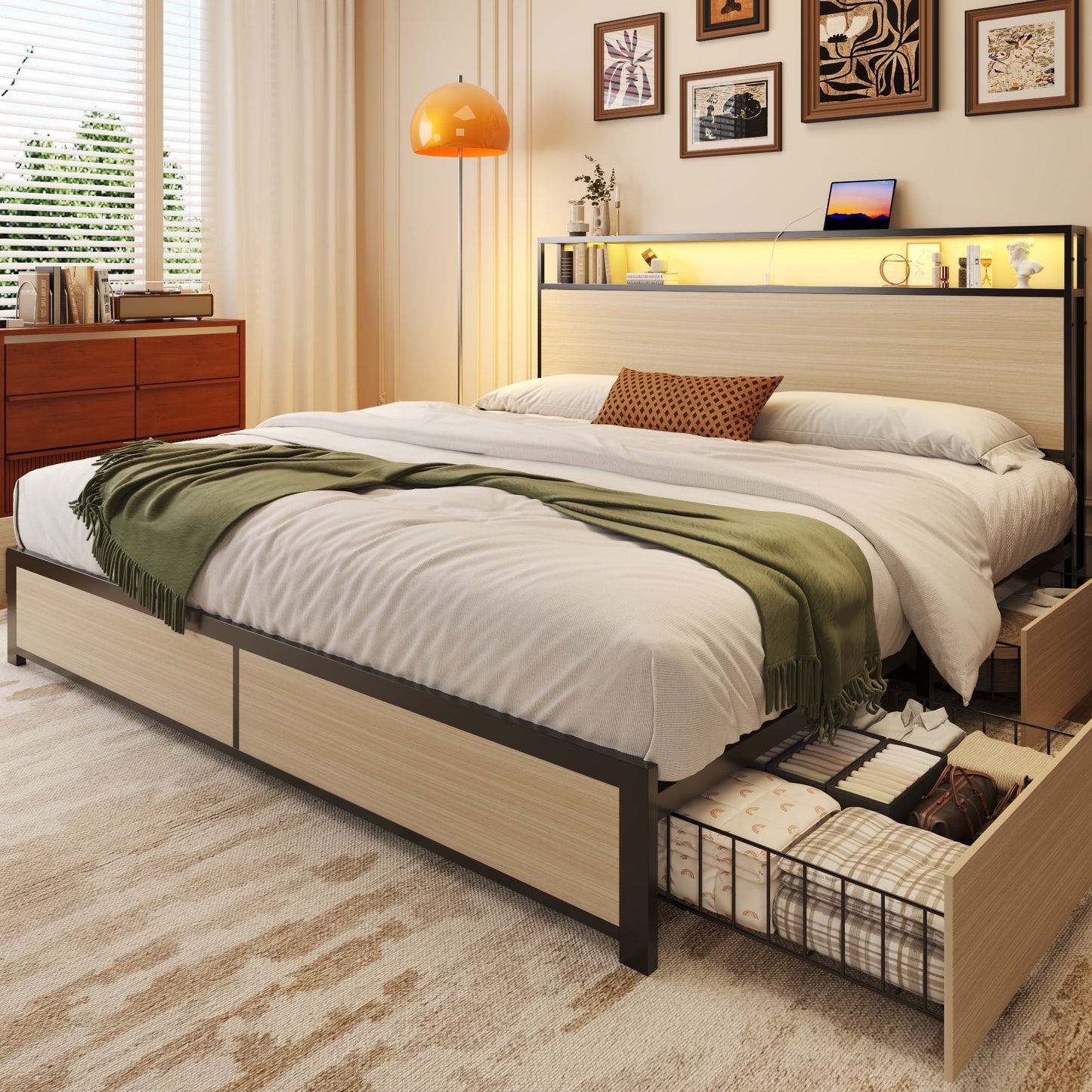 Fluest King Bed Frame with 2-Tier Storage Headboard, USB Port and LED Light, 4 Storage Drawers, Beige