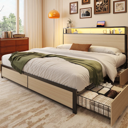 Fluest King Bed Frame with 2-Tier Storage Headboard, USB Port and LED Light, 4 Storage Drawers, Beige