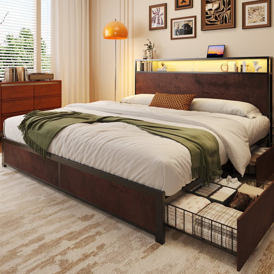 Fluest Full Bed Frame with 2-Tier Storage Headboard, USB Port and LED Light, 4 Storage Drawers, Brown