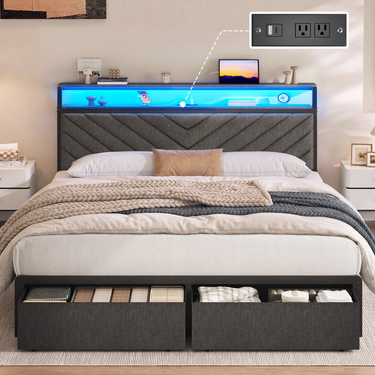 Fluest Queen Bed Frame with Upholstered Headboard, USB Port and LED Light, 2 Storage Drawers, Linen Gray