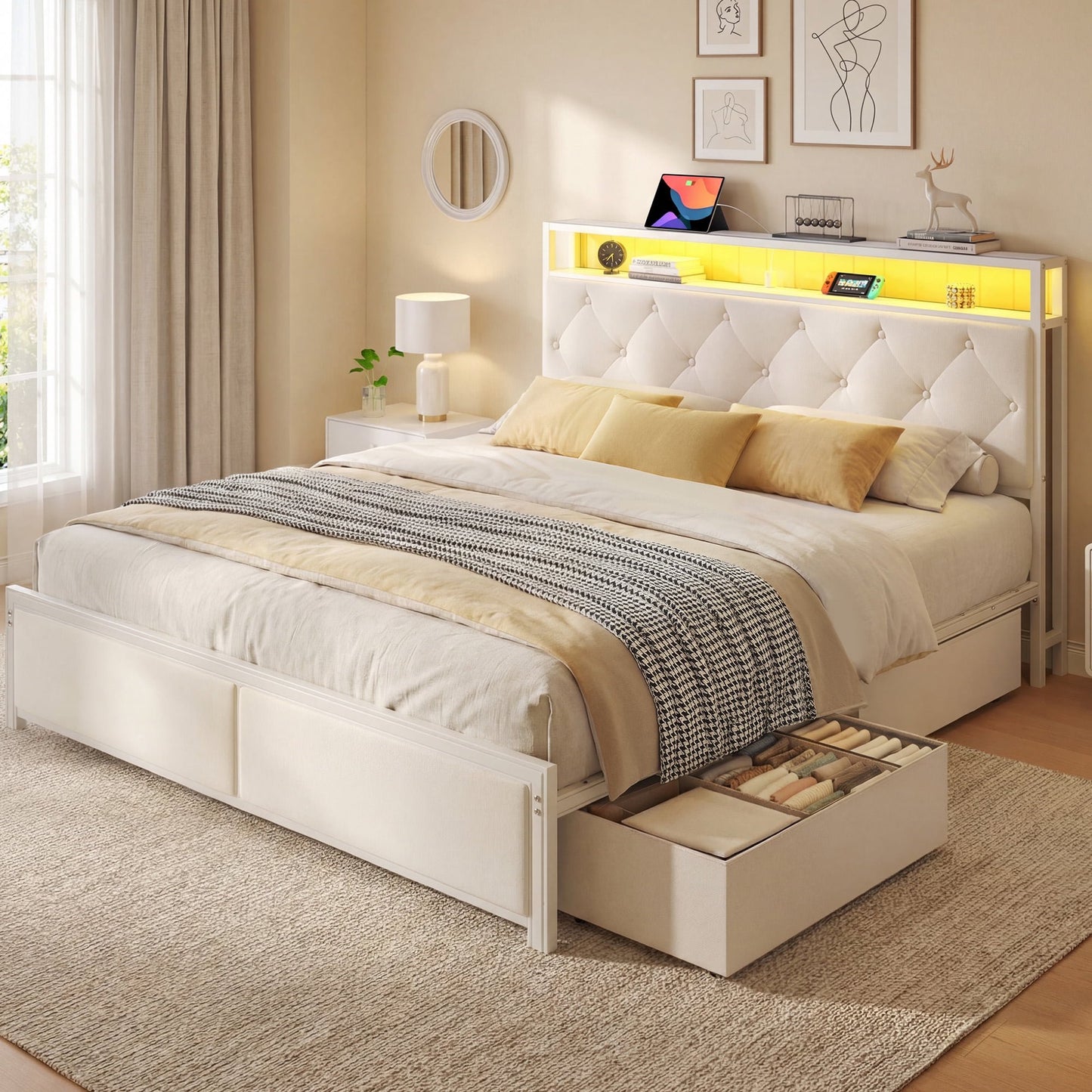 Fluest Queen Size Bed Frame, Upholstered Storage Headboard, 4 Fabric Drawers, Fast Charging Station, LED Lights, Beige, No Box Spring Needed, Easy Assembly