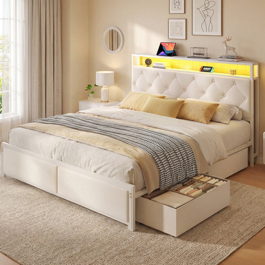 Fluest Queen Size Bed Frame, Upholstered Storage Headboard, 4 Fabric Drawers, Fast Charging Station, LED Lights, Beige, No Box Spring Needed, Easy Assembly