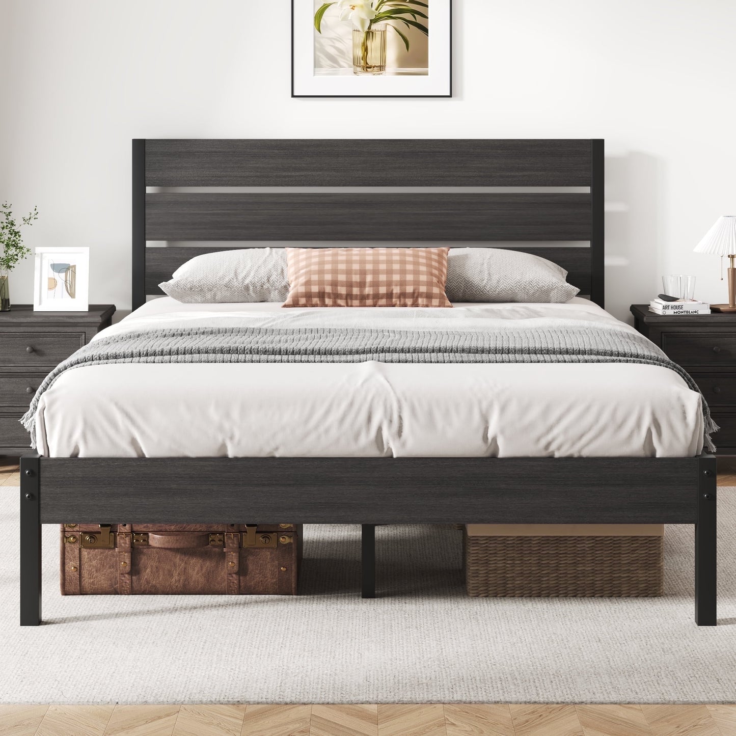 Fluest Full Size Bed Frame with Headboard and Footboard,Metal Support,No Box Spring Needed, Gray