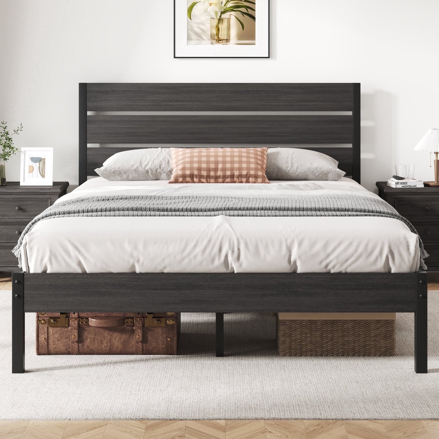 Fluest Queen Size Bed Frame with Headboard and Footboard,Metal Support,No Box Spring Needed, Grey