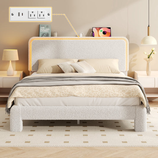 Fluest Queen Boucle Upholstered Bed Frame, Cloud Headboard, Charging Station, LED Lights, Beige, No Box Spring Needed