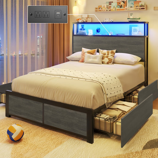 Fluest Twin Bed Frame with 2-Tier Storage Headboard, USB Port and LED Light, 4 Storage Drawers, Brown