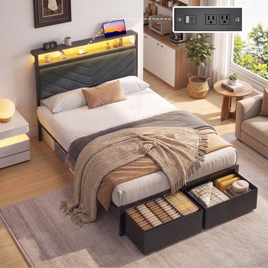 Fluest Twin Bed Frame with Upholstered Headboard, USB Port and LED Light, 2 Storage Drawers, Linen Gray