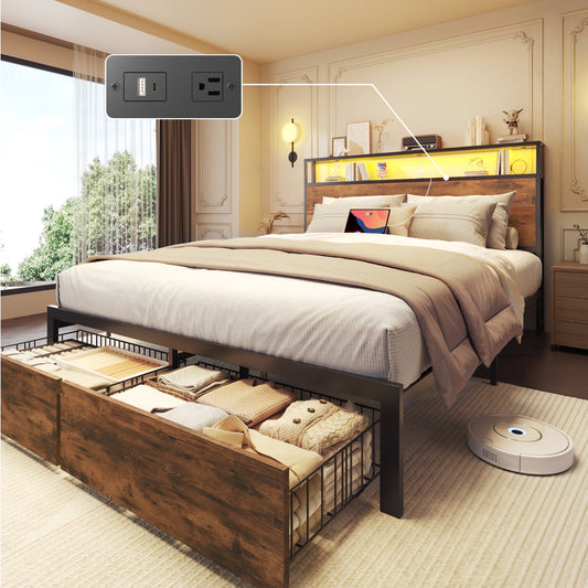Full Bed Frame with Headboard and Storage,2-Tier Storage Headboard & Foot-Board Drawers, Rustic Brown