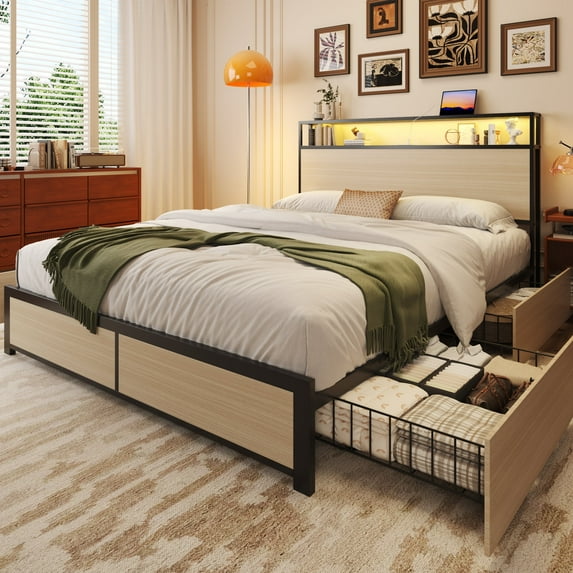 Metal Platform Bed Frame with 2-Tier Headboard,Queen,USB Port & LED Light, 4 Storage Drawers, No Box Spring Needed, Noise Free, Begie
