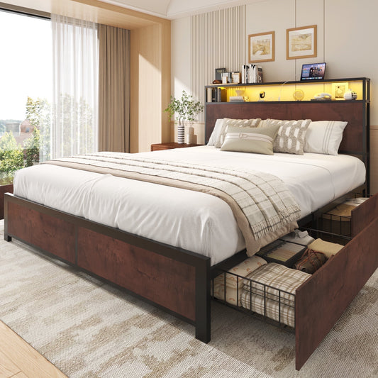 Fluest Queen Bed Frame with USB Port and LED Light, 2-Tier Storage Headboard, 4 Storage Drawers, Rustic Brown