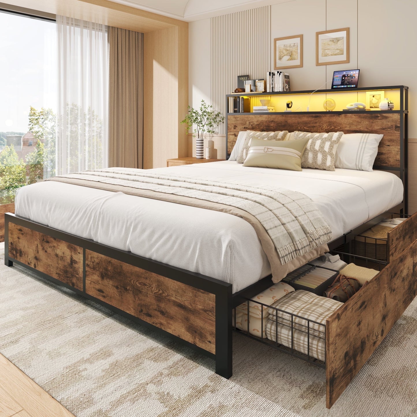 Fluest Queen Bed Frame with 2-Tier Storage Headboard, USB Port and LED Light, 4 Storage Drawers, Brown