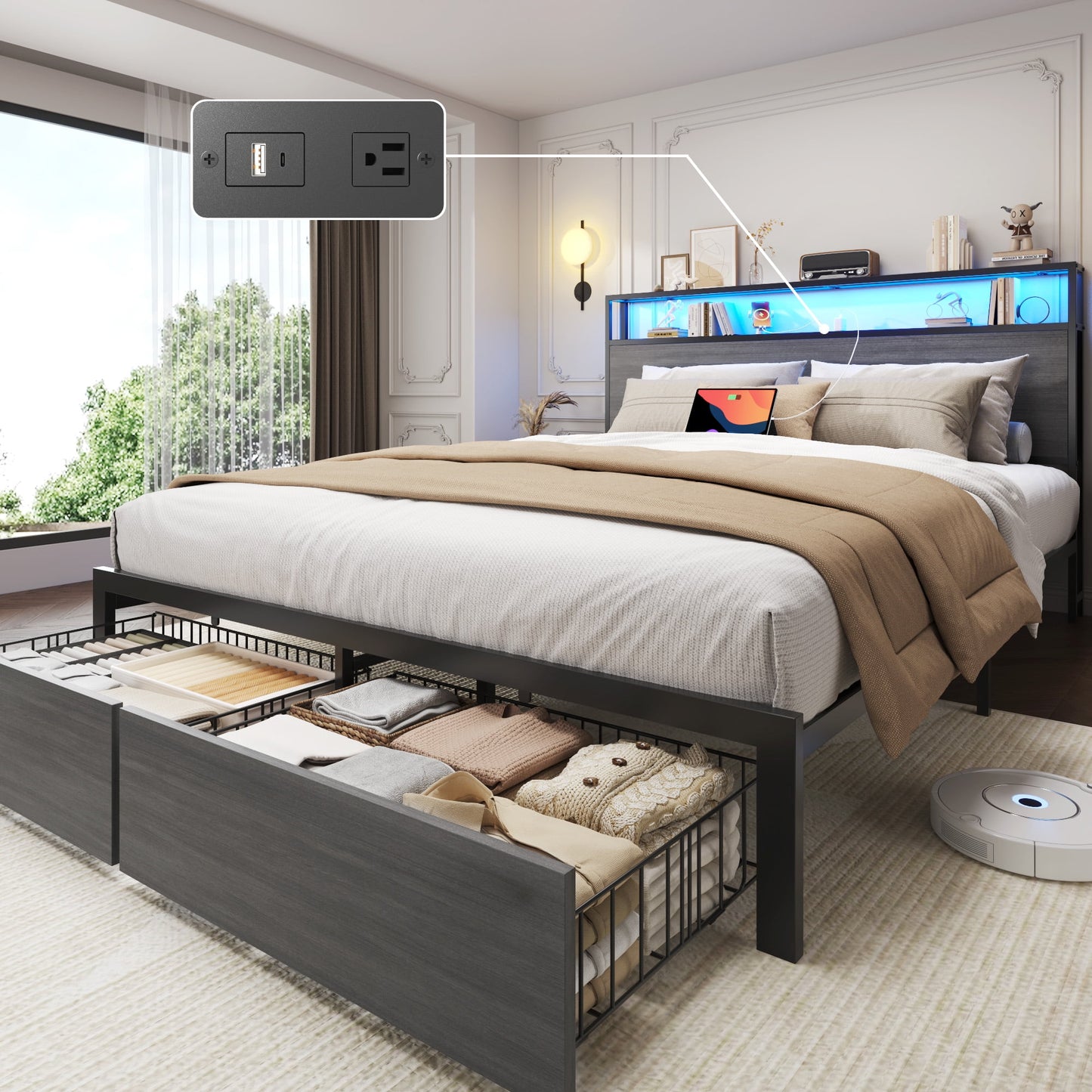 Fluest Queen Bed Frame with 2-Tier Storage Headboard, Metal Bed Frame with Storage Drawers & Built-in Charging Station & LED, Noise-Free, No Box Spring Needed, Easy Assembly, Rustic Grey