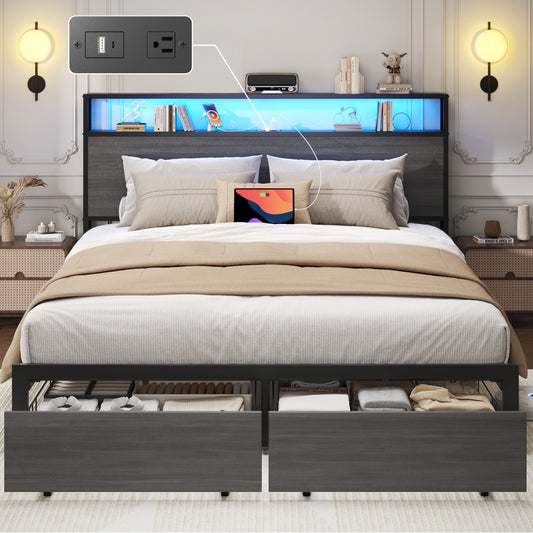 Queen Bed Frame with Headboard and Storage,2-Tier Storage Headboard & Foot-Board Drawers, Rustic Grey