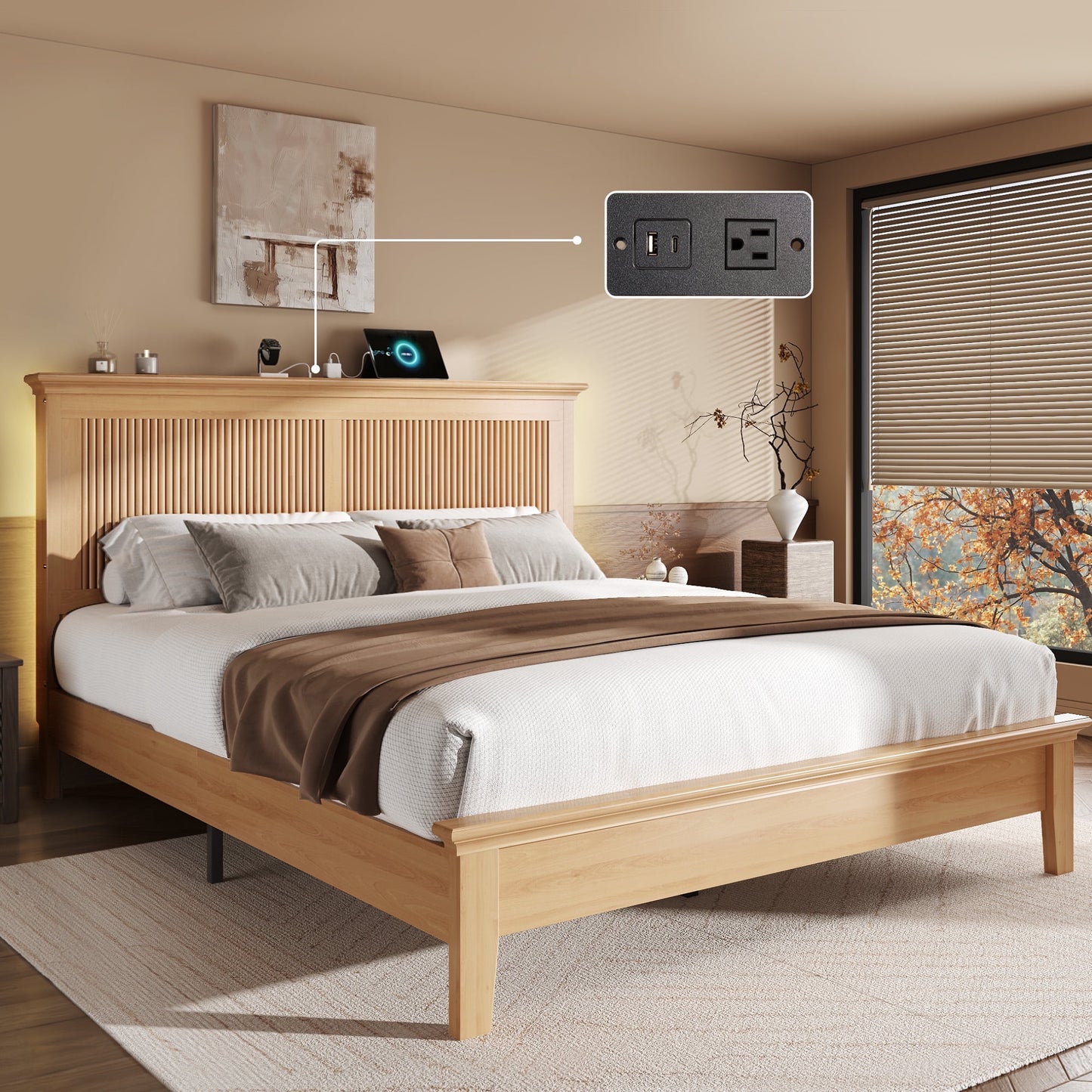 Solid Wood Queen Bed Frame, Platform Bed with High Headboard and Charging Station, Natural