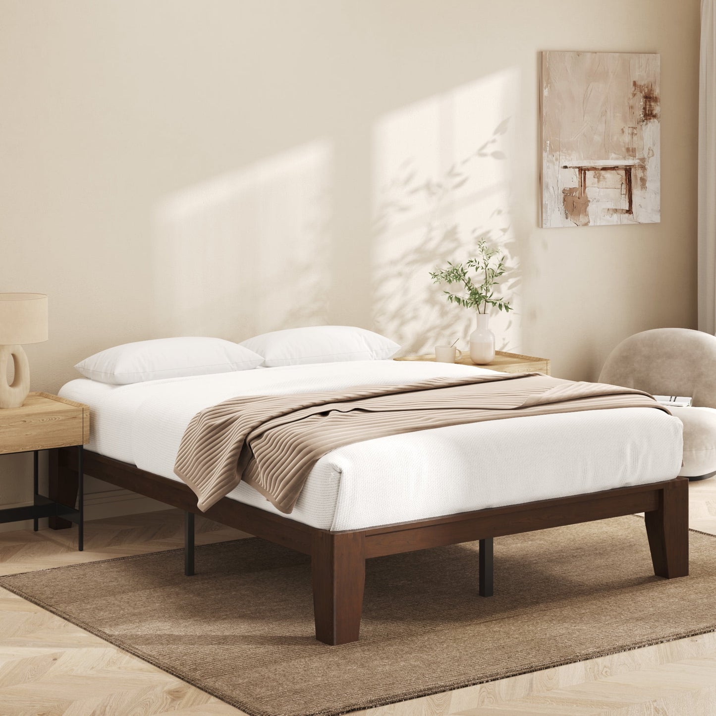 Queen Platform Bed Frame, Premium Solid Wood, Sturdy Structure, 3.78” Thickened Components & 14” Height Legs, Easy to Assemble, Mortise & Tenon Joints