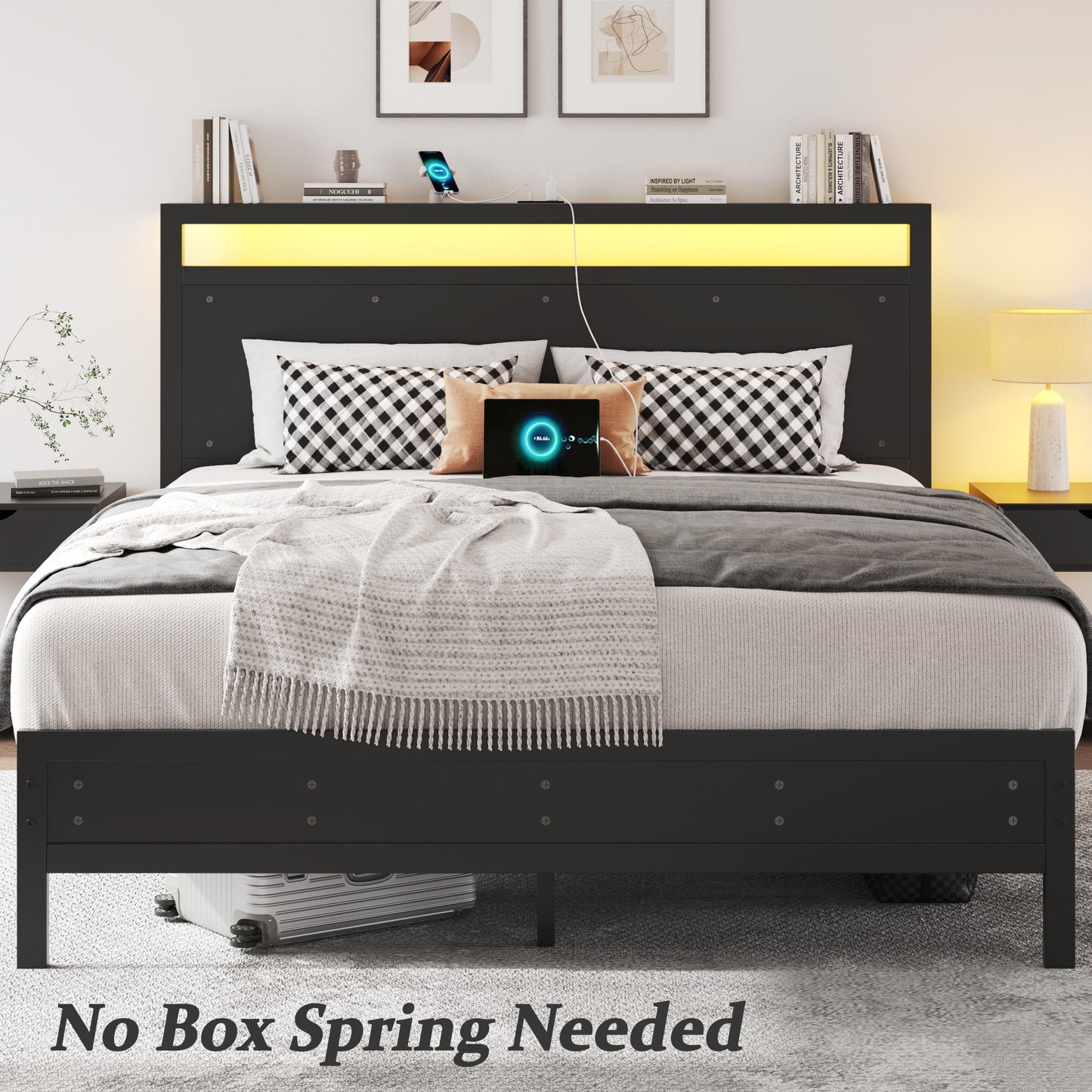 Fluest  Queen Bed Frame with LED Headboard & Charging Station, Noise-Free, No Box Spring Needed, Classic Black