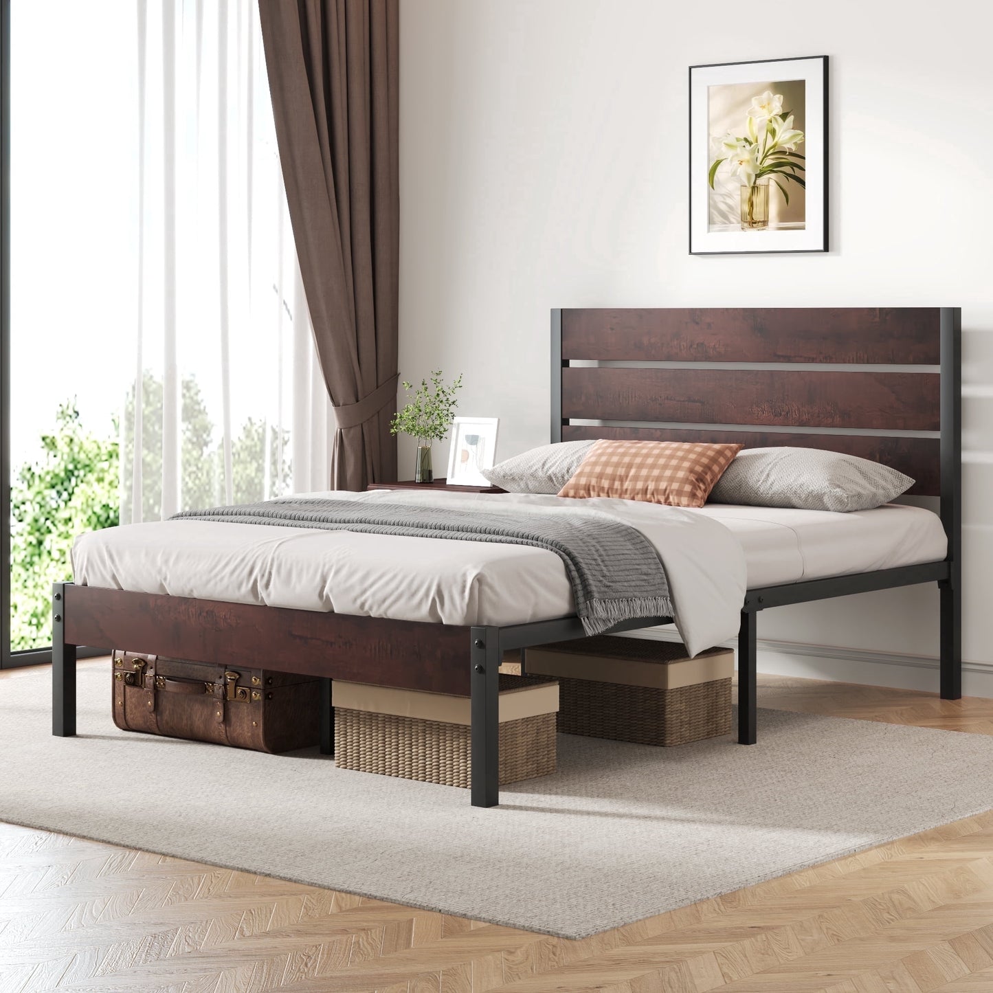 Fluest Full Bed Frame with Rustic Vintage Wood Headboard and Footboard, Metal Support, Vintage Brown