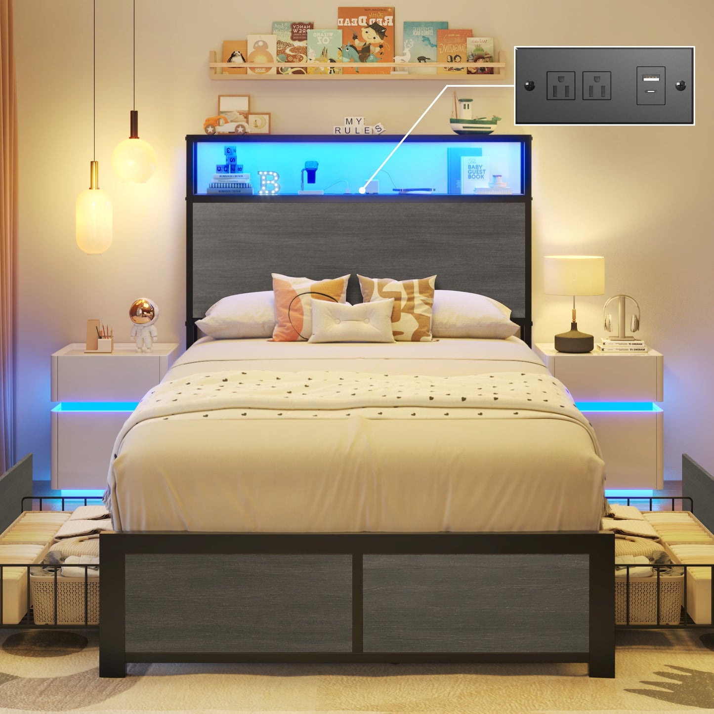 Fluest Twin Bed Frame with 2-Tier Storage Headboard, USB Port and LED Light, 4 Storage Drawers, Brown
