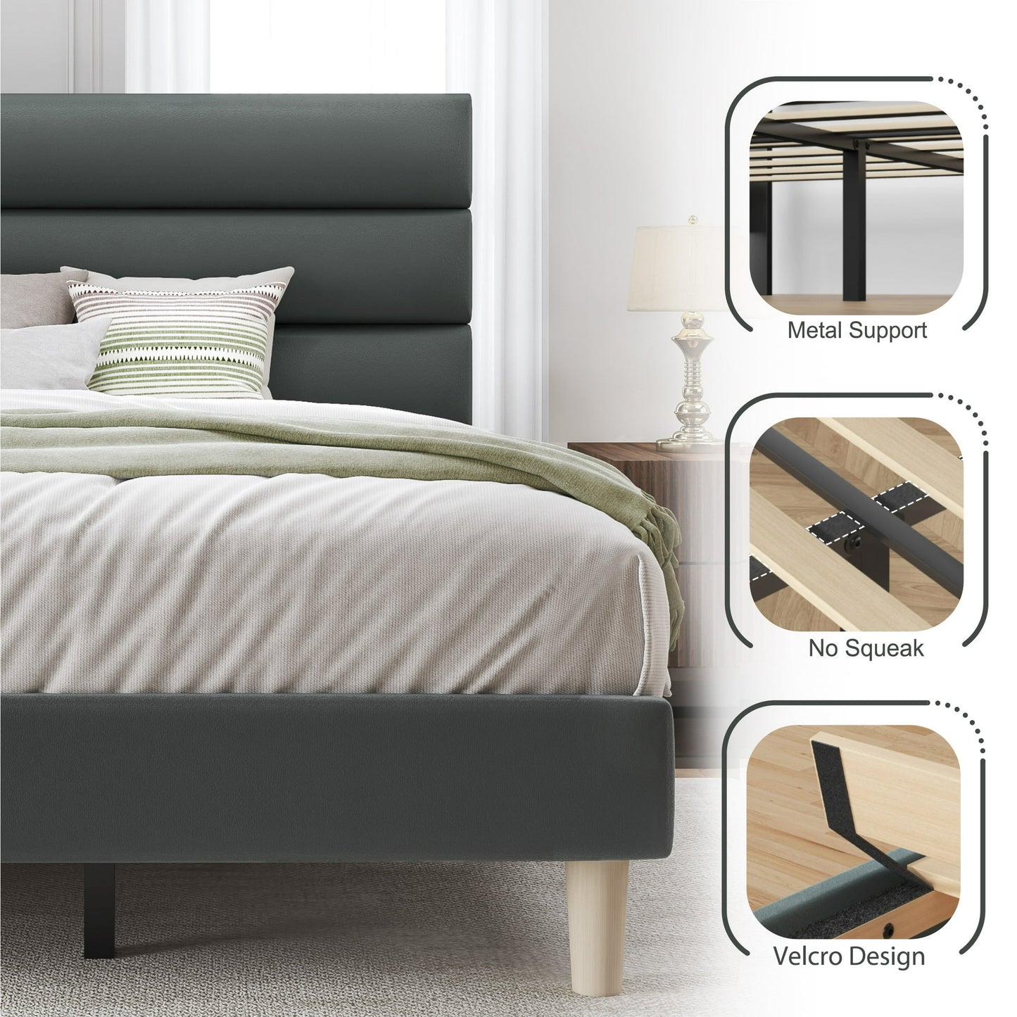 Fluest Queen Bed Frame with Velvet Upholstered Headboard, Metal Support, No Box Spring Needed, Noise Free, Easy Assembly, Grey