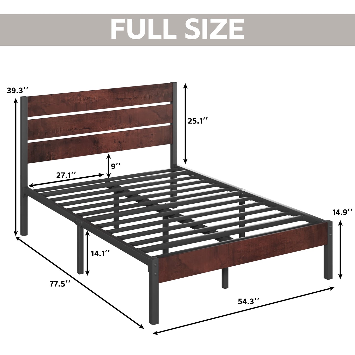 Fluest Full Bed Frame with Rustic Vintage Wood Headboard and Footboard, Metal Support, Vintage Brown