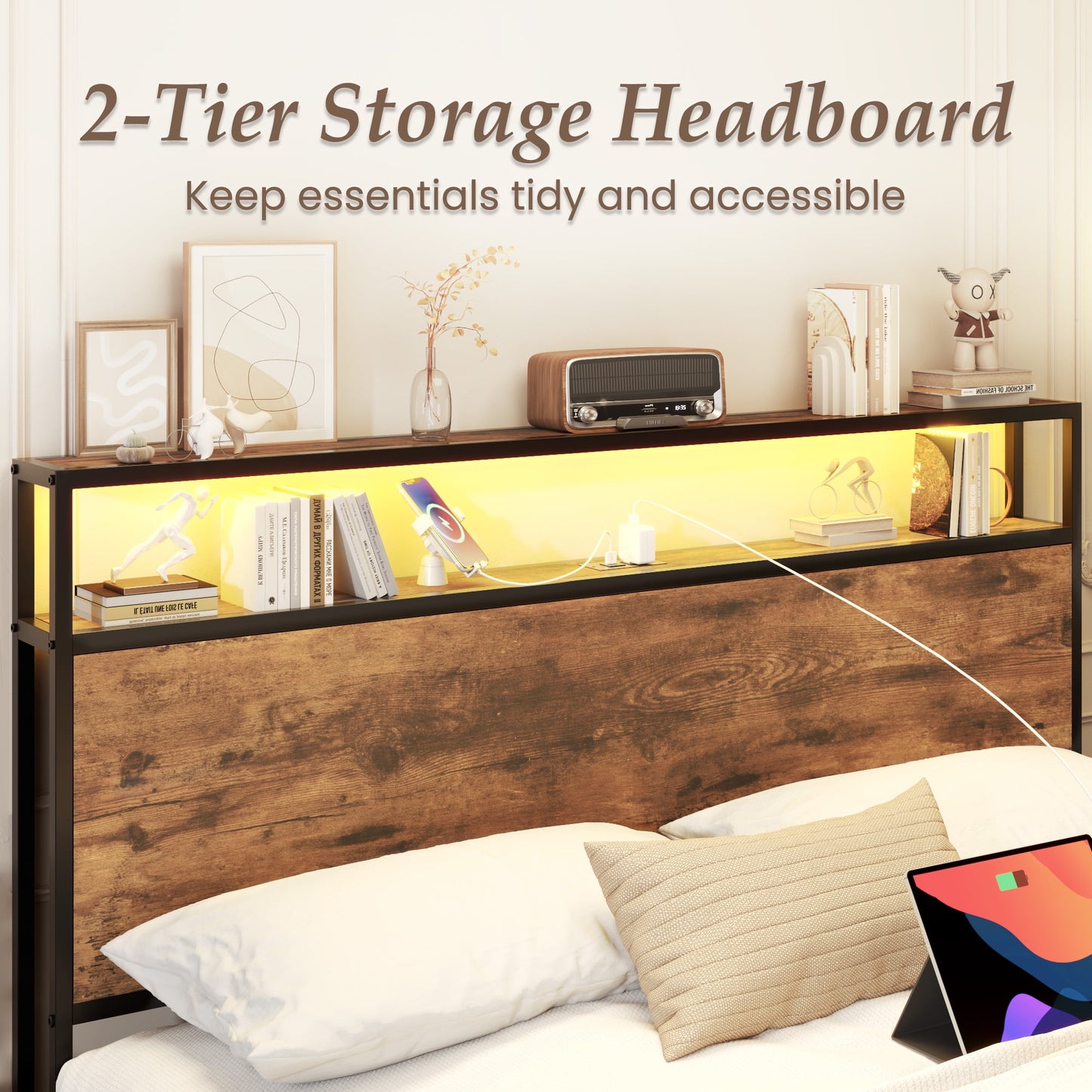 Full Bed Frame with Headboard and Storage,2-Tier Storage Headboard & Foot-Board Drawers, Rustic Brown