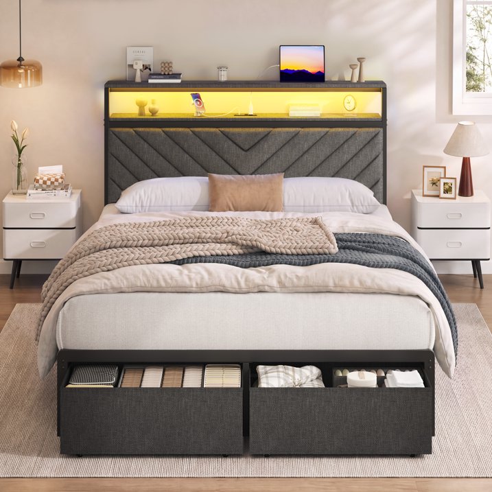 Fluest Twin Bed Frame with Upholstered Headboard, USB Port and LED Light, 2 Storage Drawers, Linen Gray