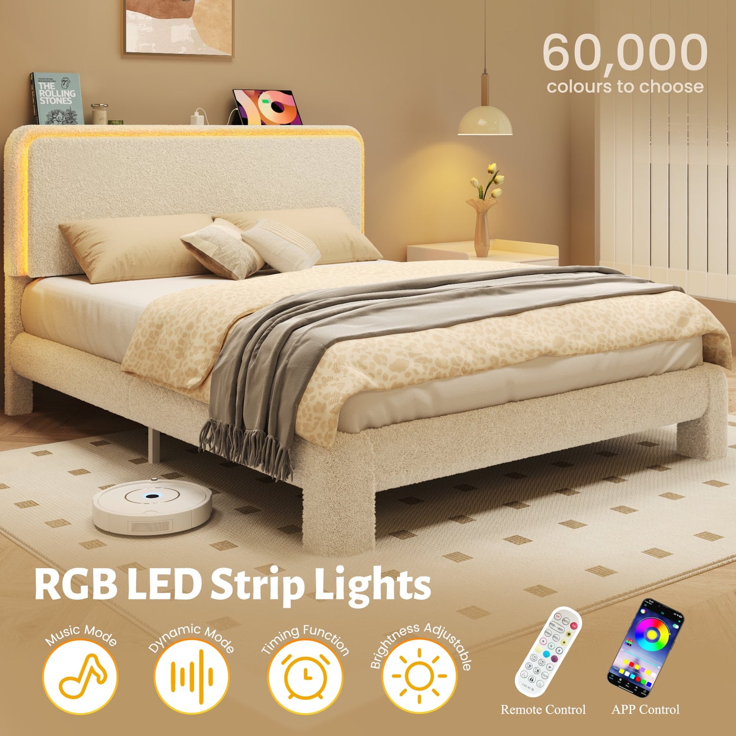 Fluest Queen Boucle Upholstered Bed Frame, Cloud Headboard, Charging Station, LED Lights, Beige, No Box Spring Needed